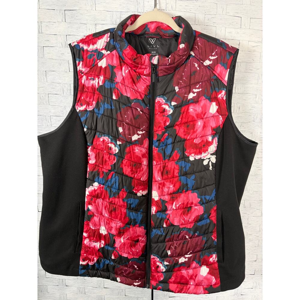LIVI active womens puffer vest floral zip up packets colorful feminine plus size
